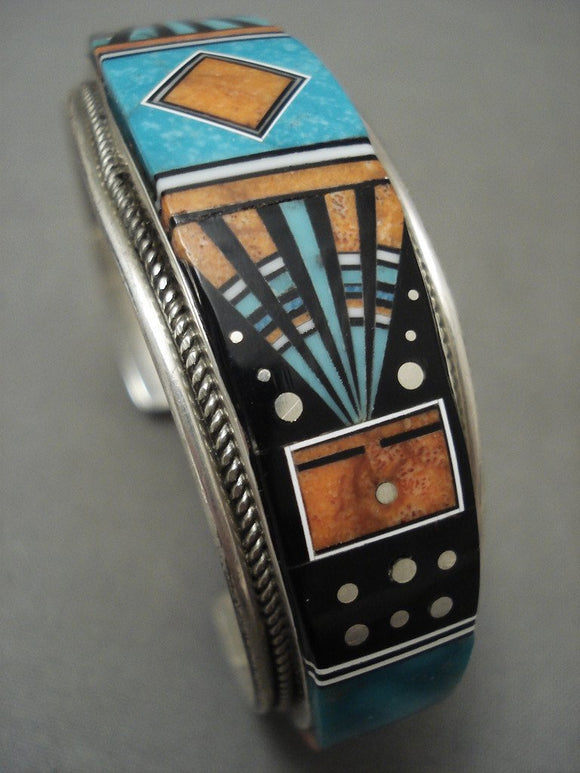 Museum Vintage Navajo 'Outer Space Inlay' Turquoise Native American Jewelry Silver Bracelet-Nativo Arts