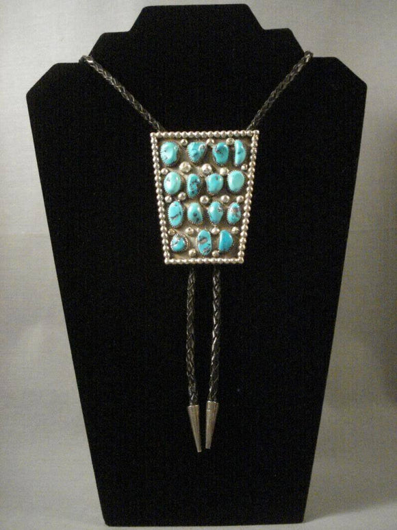 Museum Vintage Navajo Pilot Mountain Turquoise Long Family Native American Jewelry Silver Bolo Tie-Nativo Arts