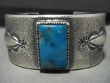 Museum Vintage Navajo 'Squared Blue Diamond Turquoise' Tufa Cast Native American Jewelry Silver Bracelet-Nativo Arts