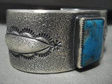 Museum Vintage Navajo 'Squared Blue Diamond Turquoise' Tufa Cast Native American Jewelry Silver Bracelet-Nativo Arts
