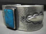 Museum Vintage Navajo 'Squared Blue Diamond Turquoise' Tufa Cast Native American Jewelry Silver Bracelet-Nativo Arts