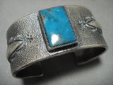 Museum Vintage Navajo 'Squared Blue Diamond Turquoise' Tufa Cast Native American Jewelry Silver Bracelet-Nativo Arts