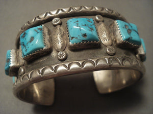 Museum Vintage Navajo 'Squared Natural Turquoise' Native American Jewelry Silver Bracelet-Nativo Arts