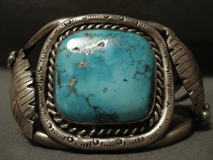 Museum Vintage Navajo 'Squared Persin' Turquoise Native American Jewelry Silver Leaf Bracelet-Nativo Arts