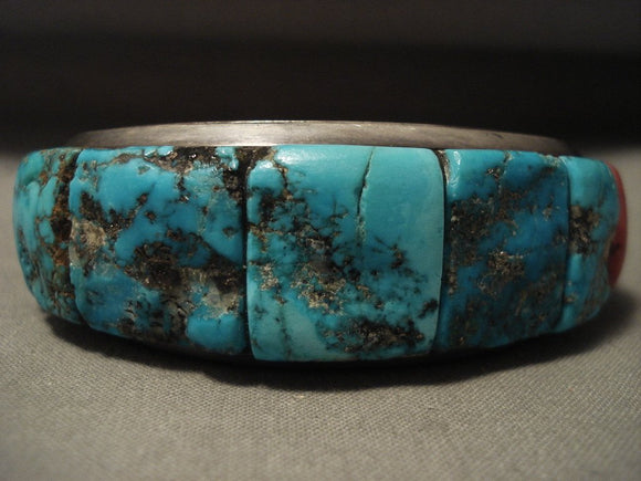 Museum Vintage Navajo 'Squared Turquoise' Coral Native American Jewelry Silver Bracelet Loloma Style-Nativo Arts