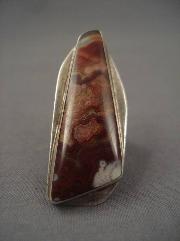 Museum Vintage Navajo Tall Volcanic Agate Native American Jewelry Silver Ring-Nativo Arts