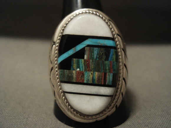 Museum Vintage Navajo 'Turquoise Inlay Mountain' Native American Jewelry Silver Channel Ring-Nativo Arts