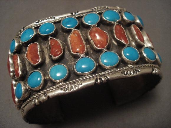 Museum Vintage Old Turquoise Coral Native American Jewelry Silver Bracelet Olg Vtg Sterling-Nativo Arts