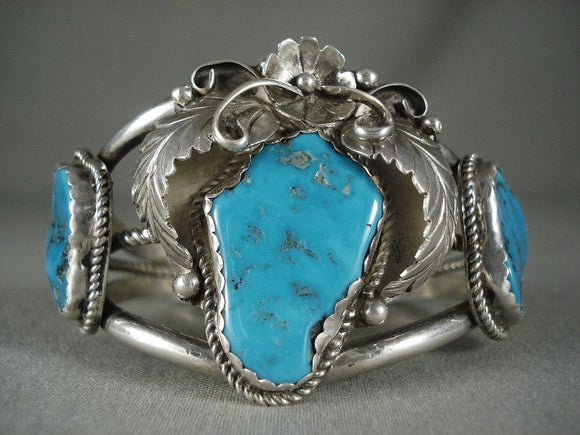 Museum Vintage Santo Domingo Turquoise Native American Jewelry Silver Leaves Bracelet Old-Nativo Arts
