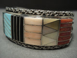 Museum Vintage Zuni 'Multi Inlay Channel' Hvy Native American Jewelry Silver Bracelet-Nativo Arts