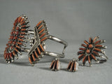 Museum Vintage Zuni 'Real Coral' Native American Jewelry Silver Bracelet Ring Earrings Set-Nativo Arts