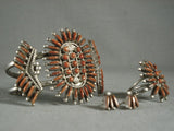 Museum Vintage Zuni 'Real Coral' Native American Jewelry Silver Bracelet Ring Earrings Set-Nativo Arts