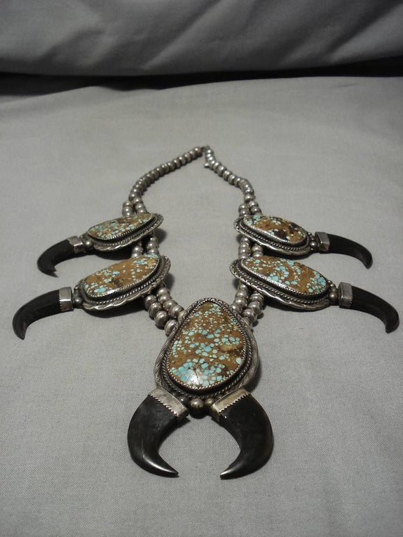 Museum Vintge Native American Navajo #8 Turquoise Sterling Silver Squash Blossom Necklace-Nativo Arts