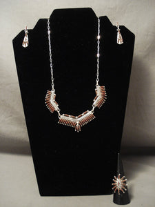 Museum Zuni 'Ravor Coral' Sterling Native American Jewelry Silver Necklace Ring Earrings-Nativo Arts