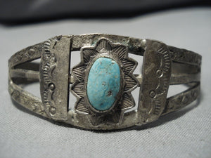 Native American Early 1900's Vintage Navako Domed Turquoise Sterling Silver Bracelet Old-Nativo Arts