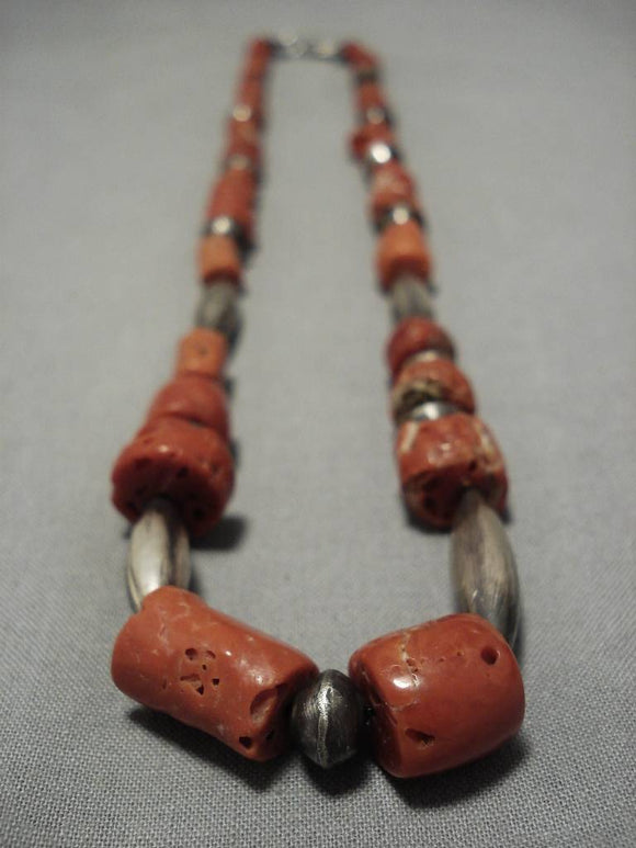 Native American Early Chunky Coral Vintage Hand Wrought Torpedo Sterling Silver Bead Necklace-Nativo Arts
