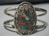 Native American Flying Hummingbird Vintage Navajo Turquoise Coral Sterling Silver Bracelet Old-Nativo Arts