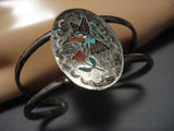 Native American Flying Hummingbird Vintage Navajo Turquoise Coral Sterling Silver Bracelet Old-Nativo Arts