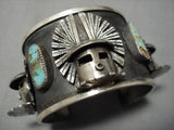 Native American Huge Kachina Head Royston Turquoise Wide Sterling Silver Bracelet Cuff 106 Grams-Nativo Arts