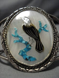 Native American Huge Vintage Navajo Eagle Of Knowledge Turquoise Sterling Silver Bracelet Old-Nativo Arts