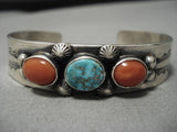 Native American Important Jeanette Dale Turquoise Sterling Silver Coral Bracelet-Nativo Arts