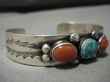 Native American Important Jeanette Dale Turquoise Sterling Silver Coral Bracelet-Nativo Arts