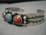Native American Important Jeanette Dale Turquoise Sterling Silver Coral Bracelet-Nativo Arts