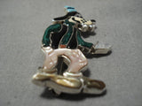 Native American Intricate Detailed!! Zuni Turquoise Coral Sterling Silver Goofy Pin Pendant-Nativo Arts