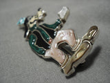 Native American Intricate Detailed!! Zuni Turquoise Coral Sterling Silver Goofy Pin Pendant-Nativo Arts