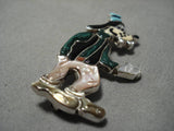 Native American Intricate Detailed!! Zuni Turquoise Coral Sterling Silver Goofy Pin Pendant-Nativo Arts