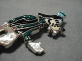 Native American Intricate Detailed!! Zuni Turquoise Coral Sterling Silver Goofy Pin Pendant-Nativo Arts