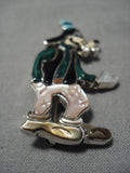 Native American Intricate Detailed!! Zuni Turquoise Coral Sterling Silver Goofy Pin Pendant-Nativo Arts