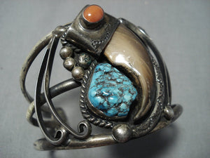 Native American Jewelry Huge Vintage Navajo Turquoise Coral Sterling Silver Cuff Bracelet Old-Nativo Arts