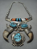 Native American Jewelry Important Carl Irene Clark Turquoise Coral Sterling Silver Necklace Old-Nativo Arts