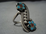 Native American Jewelry Important Dishta Style Turquoise Sterling Silver Flower Ring Old-Nativo Arts