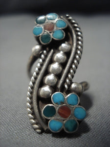 Native American Jewelry Important Dishta Style Turquoise Sterling Silver Flower Ring Old-Nativo Arts