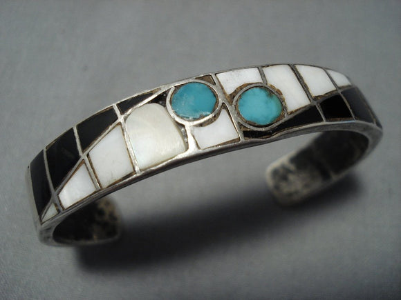 Native American Jewelry Museum Vintage Navajo Turquoise Inlay Sterling Silver Cuff Bracelet Old-Nativo Arts
