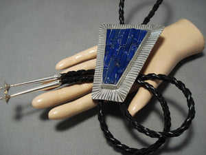 Native American Jewelry One Of The Biggest Lapis Sterling Silver Bolo Tie-Nativo Arts