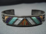 Native American Jewelry Quality Vintage Navajo Turquoise Sterling Silver Inlay Cuff Bracelet Old-Nativo Arts