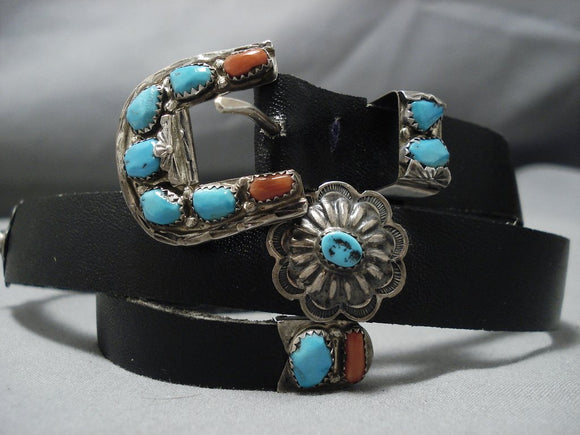 Native American Jewelry Rare Vintage Navajo Angie Cheama Turquoise Coral Sterling Silver Belt-Nativo Arts