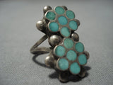 Native American Jewelry Rare Vintage Zuni Green Turquoise Flower Dishta Sterling Silver Ring Old-Nativo Arts