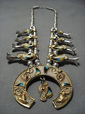 Native American Jewelry Vintage Navajo Gold Turquoise Sterling Silver Squash Blossom Necklace Bracelet-Nativo Arts
