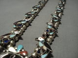 Native American Jewelry Vintage Zuni Turquoise Coral Sterling Silver Squash Blossom Necklace Old-Nativo Arts