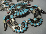 Native American Jewelry Vintage Zuni Turquoise Inlay Sterling Silver Squash Blossom Necklace Old-Nativo Arts