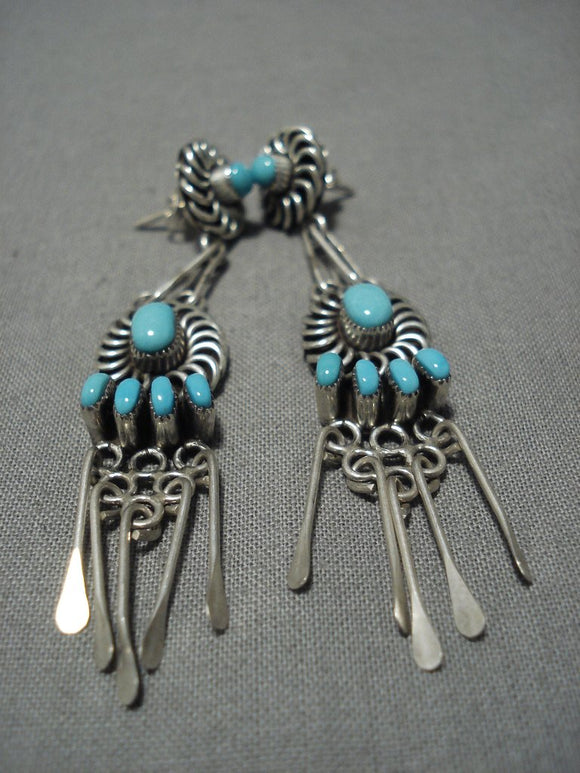 Native American Mind Blowing Vintage Navajo Carico Lake Turquoise Sterling Silver Earrings Old-Nativo Arts