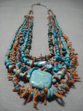 Native American Museum Quality Turquoise Coral Sterling Silver Necklace Old-Nativo Arts