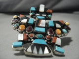 Native American One Of The Biggest Vintage Zuni Turquoise Inlay Sterling Silver Ring Old-Nativo Arts