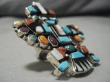 Native American One Of The Biggest Vintage Zuni Turquoise Inlay Sterling Silver Ring Old-Nativo Arts