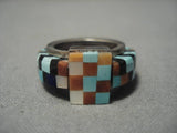Native American One Of The Most Intrciate Vintage Zuni Turquoise Inlay Sterling Silver Ring Old-Nativo Arts