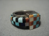Native American One Of The Most Intrciate Vintage Zuni Turquoise Inlay Sterling Silver Ring Old-Nativo Arts